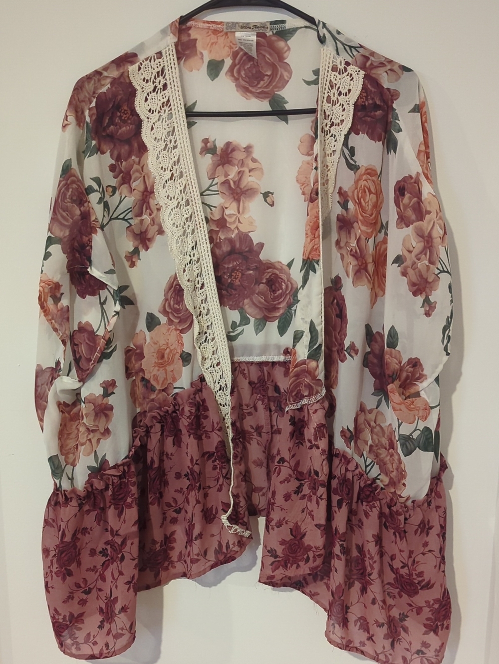 Floral Lace-Trim Sheer Kimono Cardigan - Cream & Rose